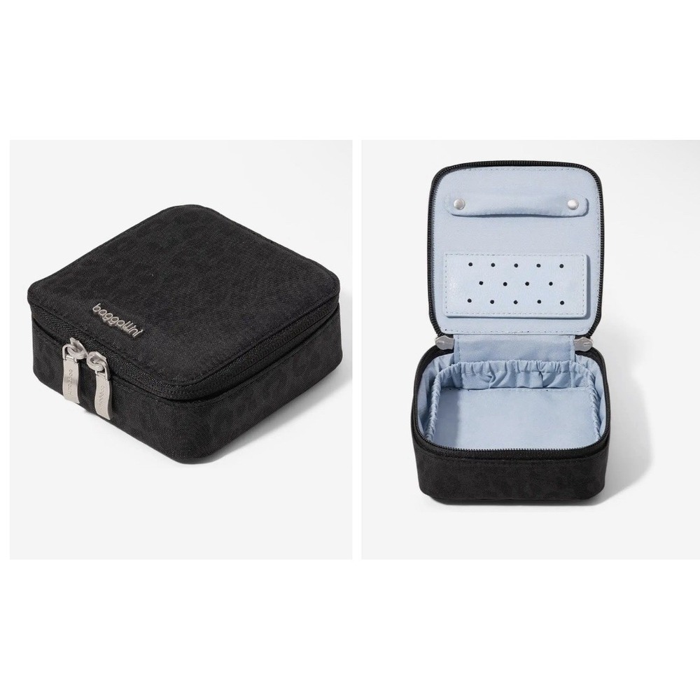 NWT $40 Baggallini Travel Jewelry Box Black Cheetah Embossed Zip Organizer Case
